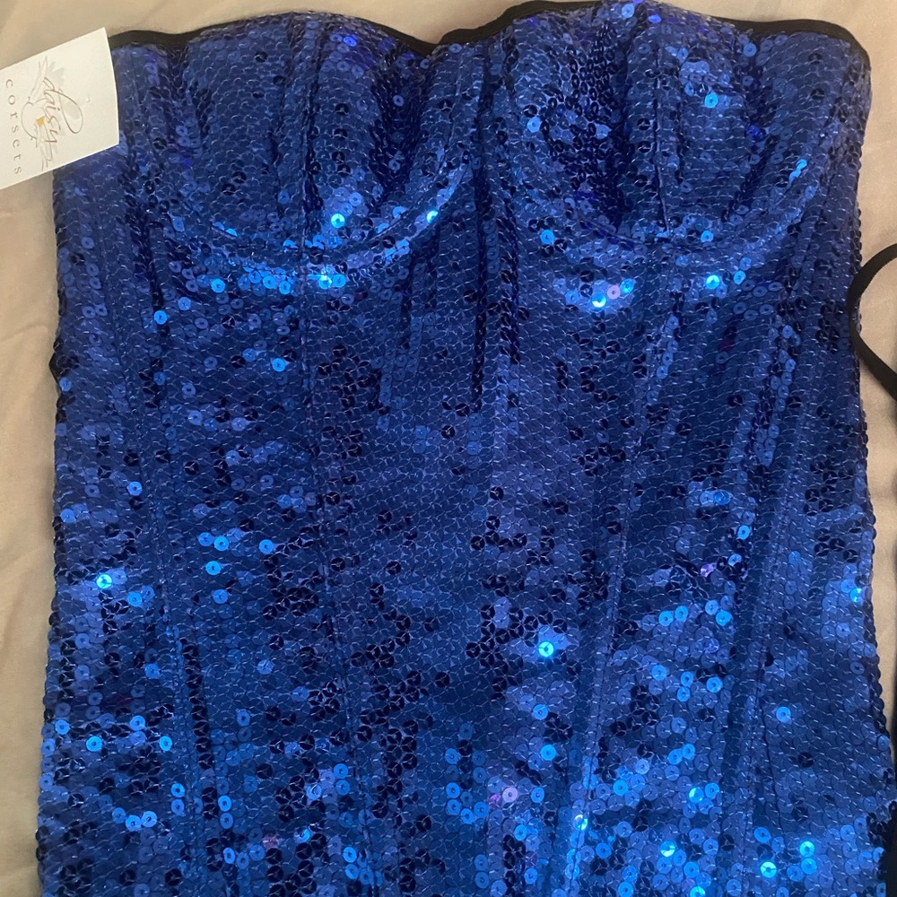 Blue Sequin Bustier corset Top witn matching bottoms.